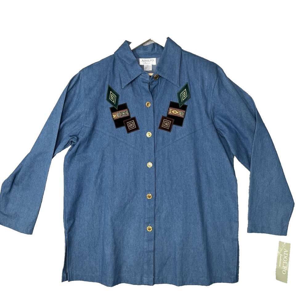 Vintage 90s Adolfo NWT Womens Western Embellished Snap Front Top Shirt Chambray